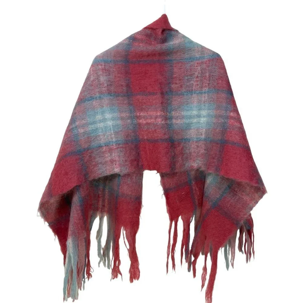 St Albans Pure Mohair Pile Fringed Checked Oversized Scarf‎ Shawl Australia NWOT